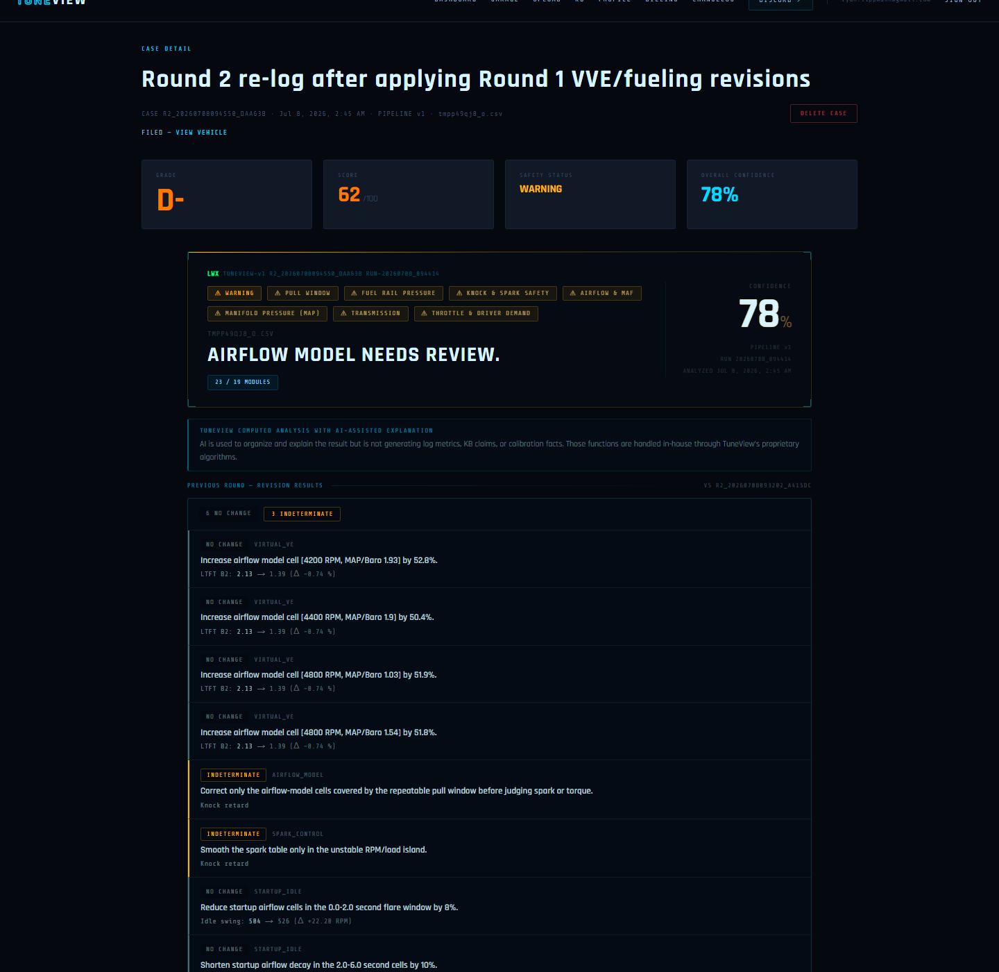 TuneView round-over-round verdicts generated from parsed vehicle data